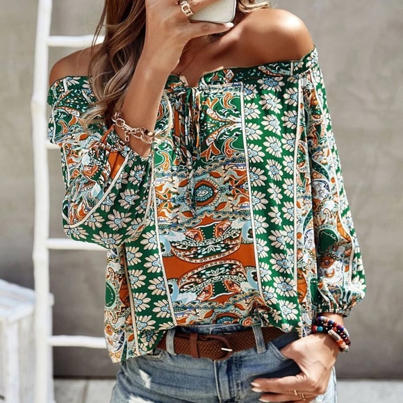 Boho Floral Print Off Shoulder Blouse - Picture 5 of 13